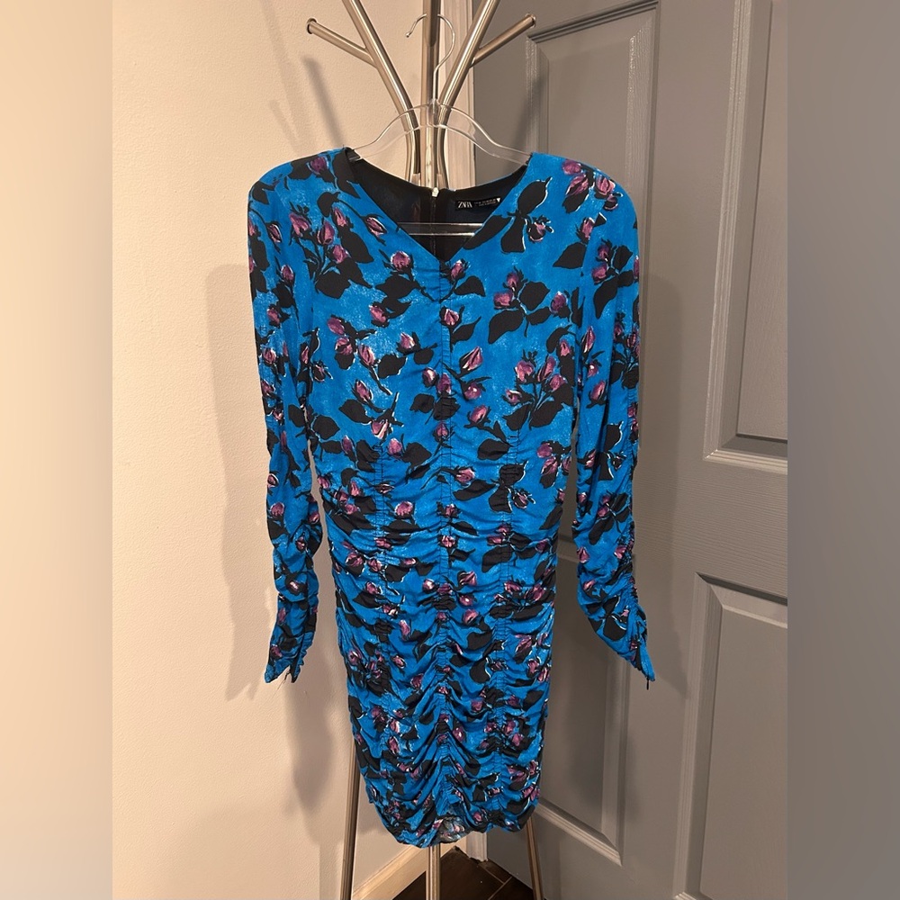 Zara Bright Blue Floral Ruched Long-Sleeve Dress